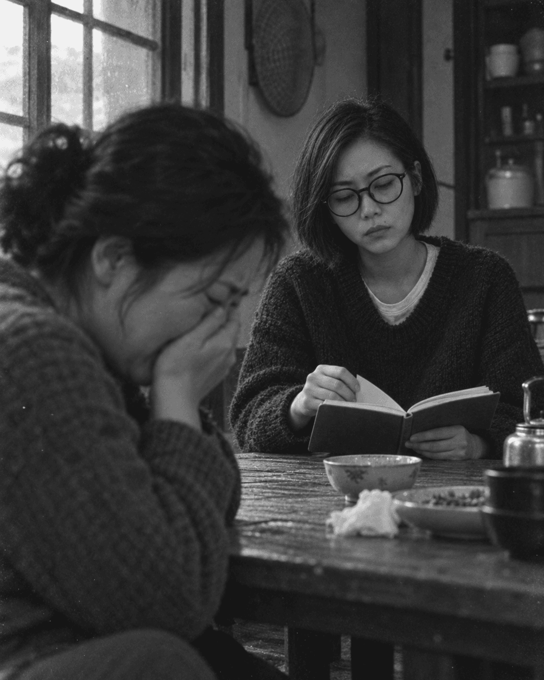 우는 손님 앞에서 종이를 넘기는 둘째