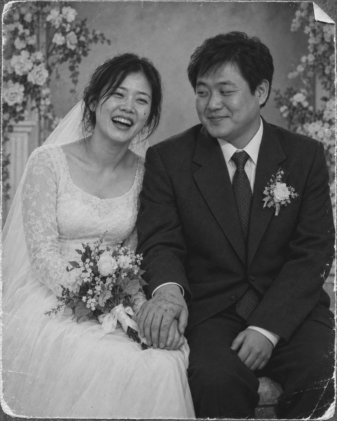 손등에 흉터가 있는 남자와 여자의 결혼사진